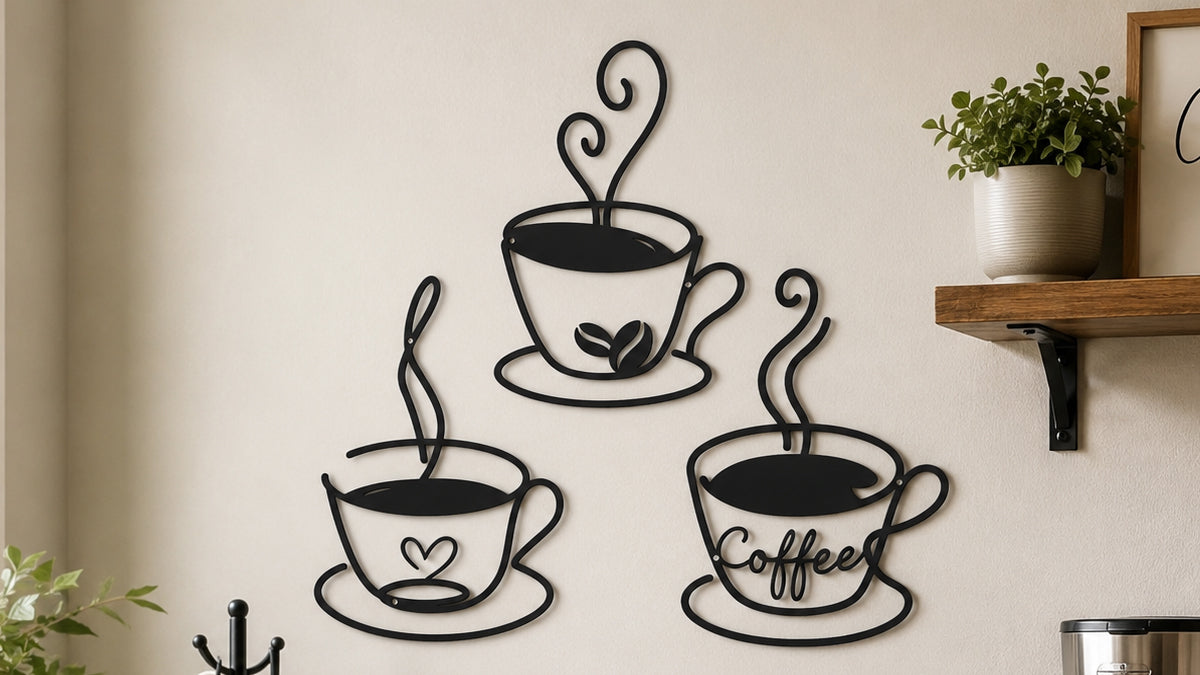 Black metal coffee cup wall decor set displayed on a kitchen wall
