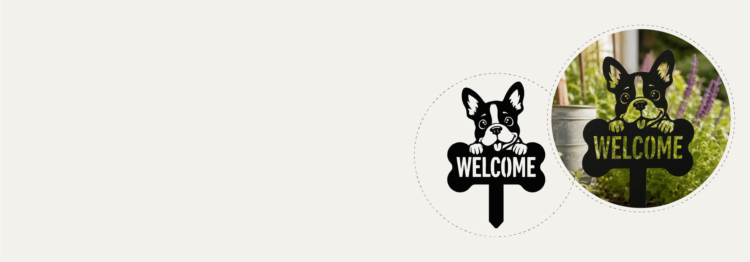 Custom laser-cut metal dog welcome garden stake displayed in an outdoor garden