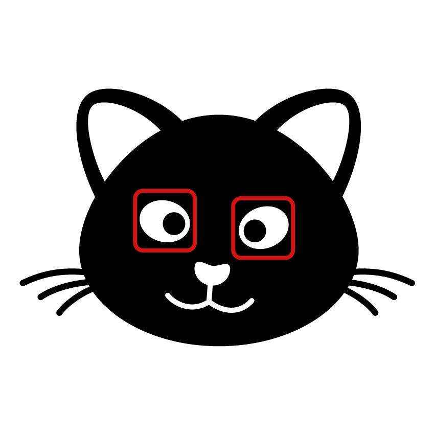 Cat face design with red boxes marking unsupported pupil details for laser cutting