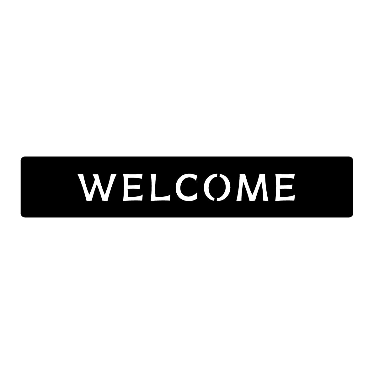 Original laser-cut WELCOME sign layout with large centered lettering