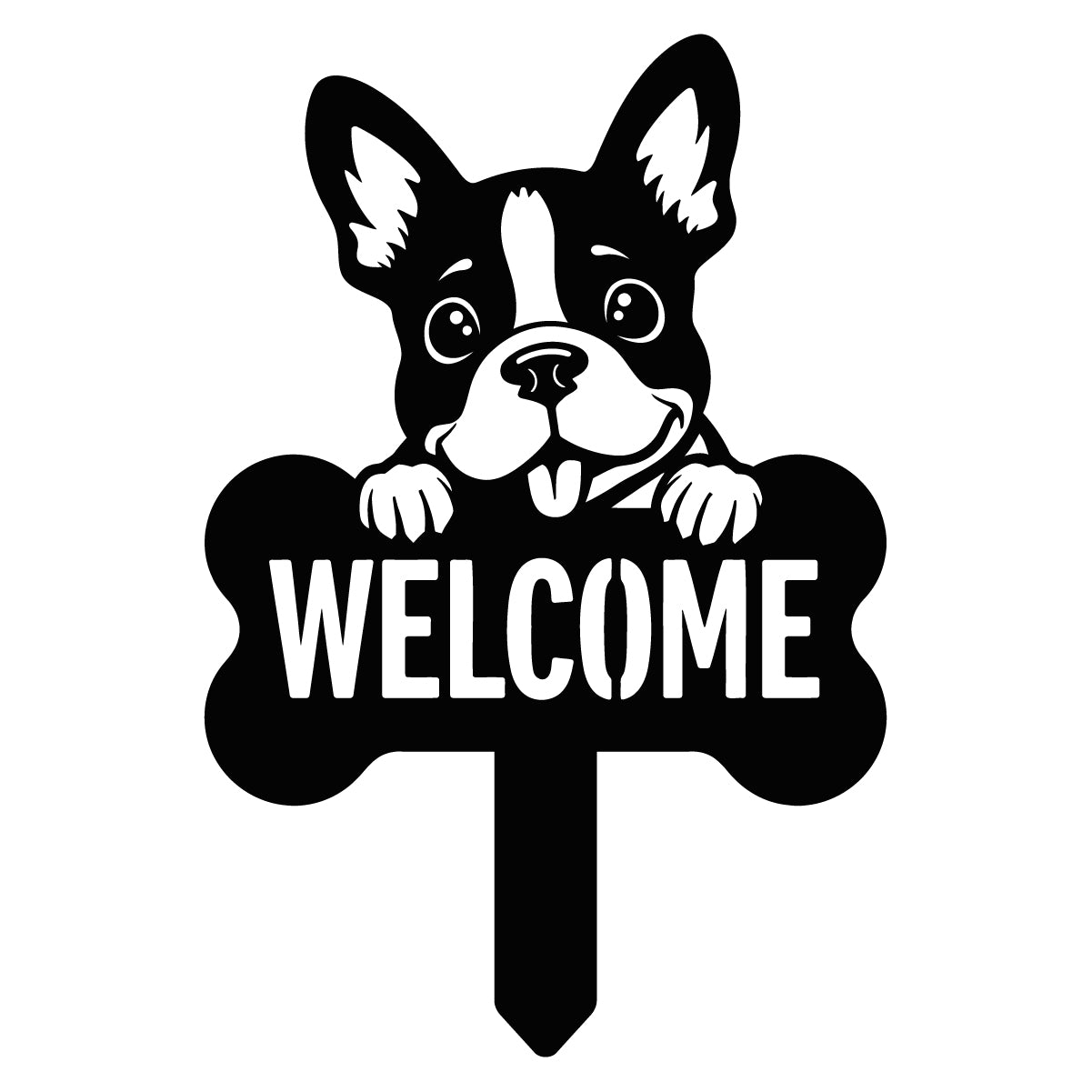 Laser-cut dog welcome garden stake design with a pointed ground stake