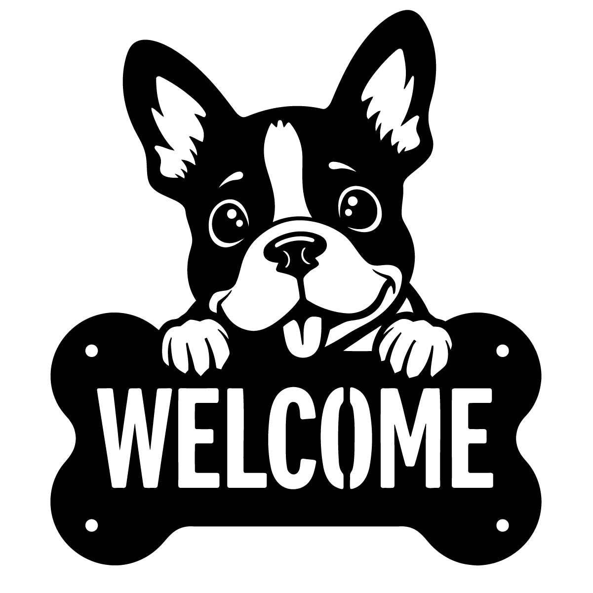 Laser-cut dog welcome wall sign design with four mounting holes