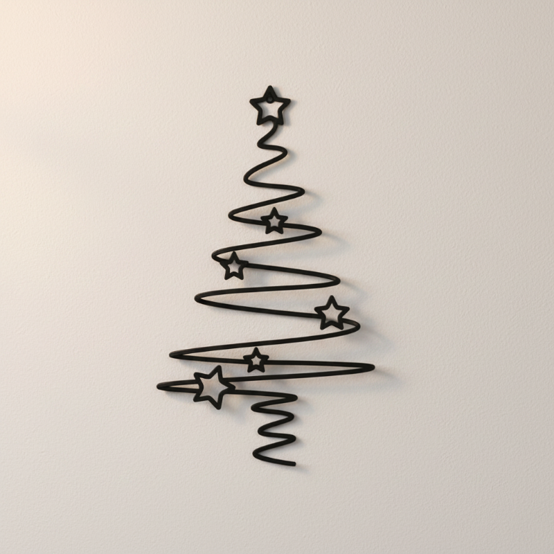 Minimalist black metal Christmas tree wall decor with star ornaments