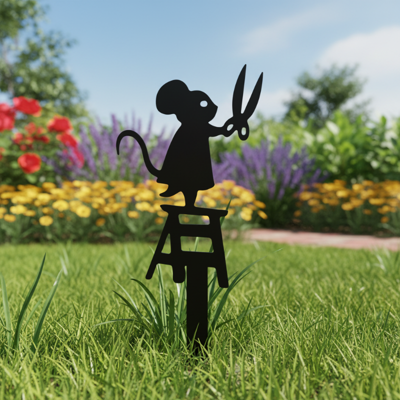 Black metal mouse holding scissors garden stake displayed on a lawn