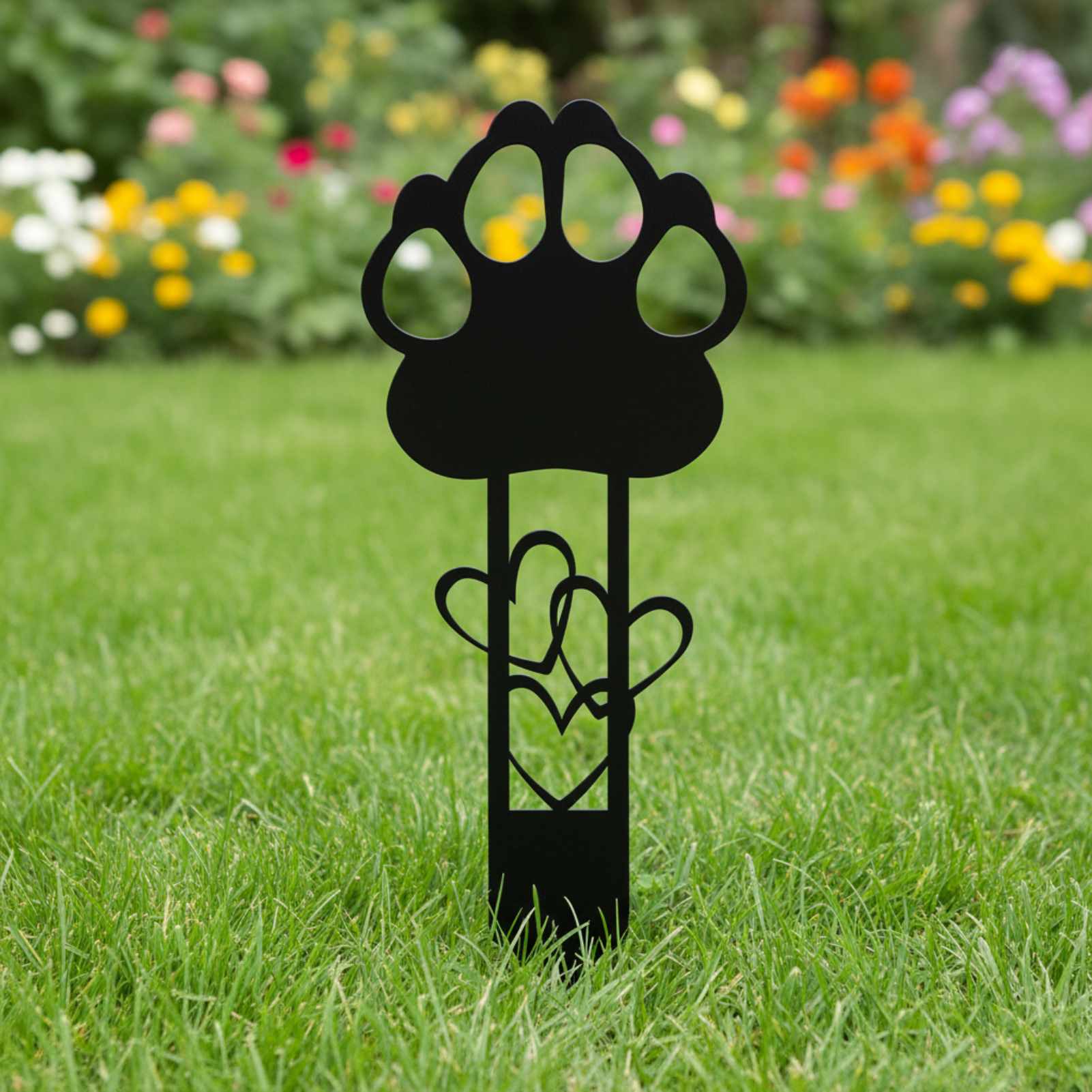 Black metal paw print garden stake with heart details displayed on a lawn