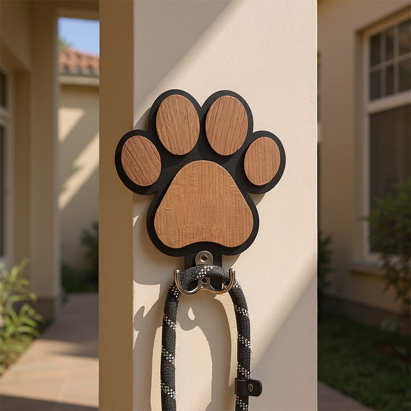 Wood and black metal paw print wall hook holding a pet leash