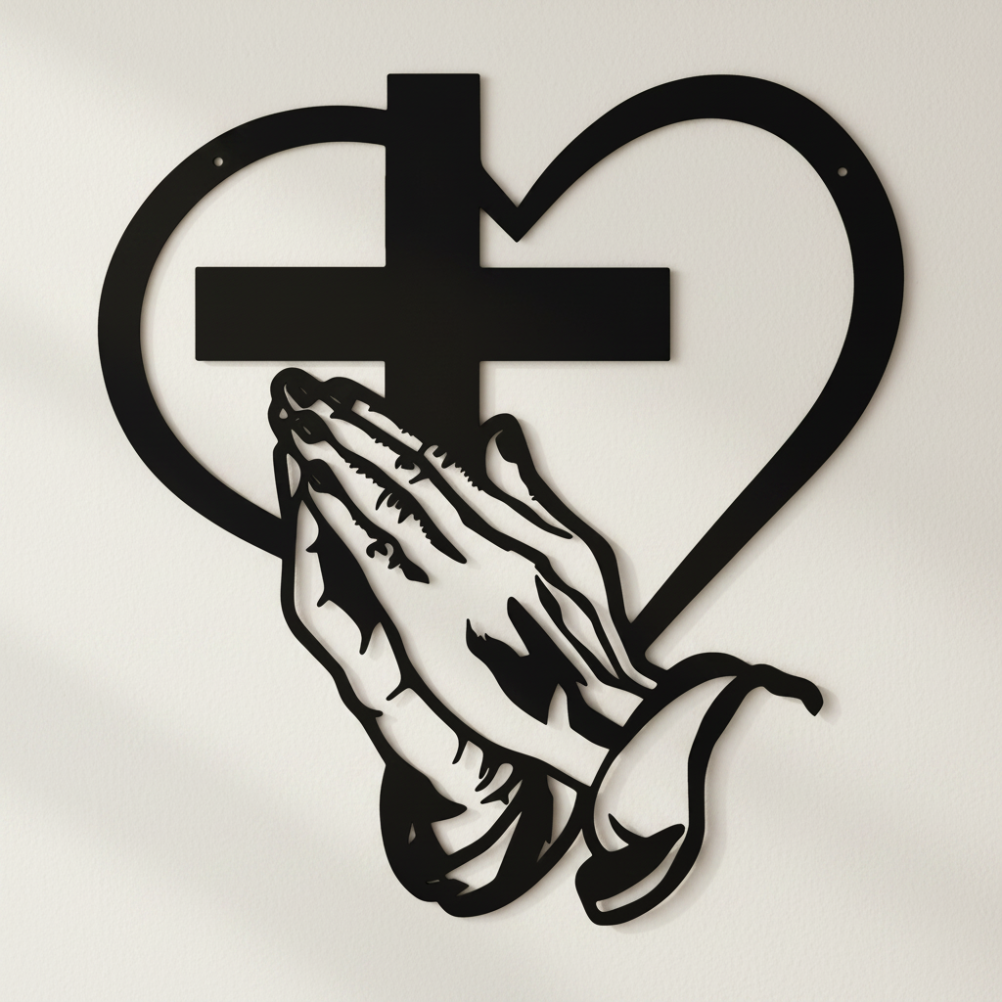 Black metal praying hands and cross wall decor inside a heart-shaped frame