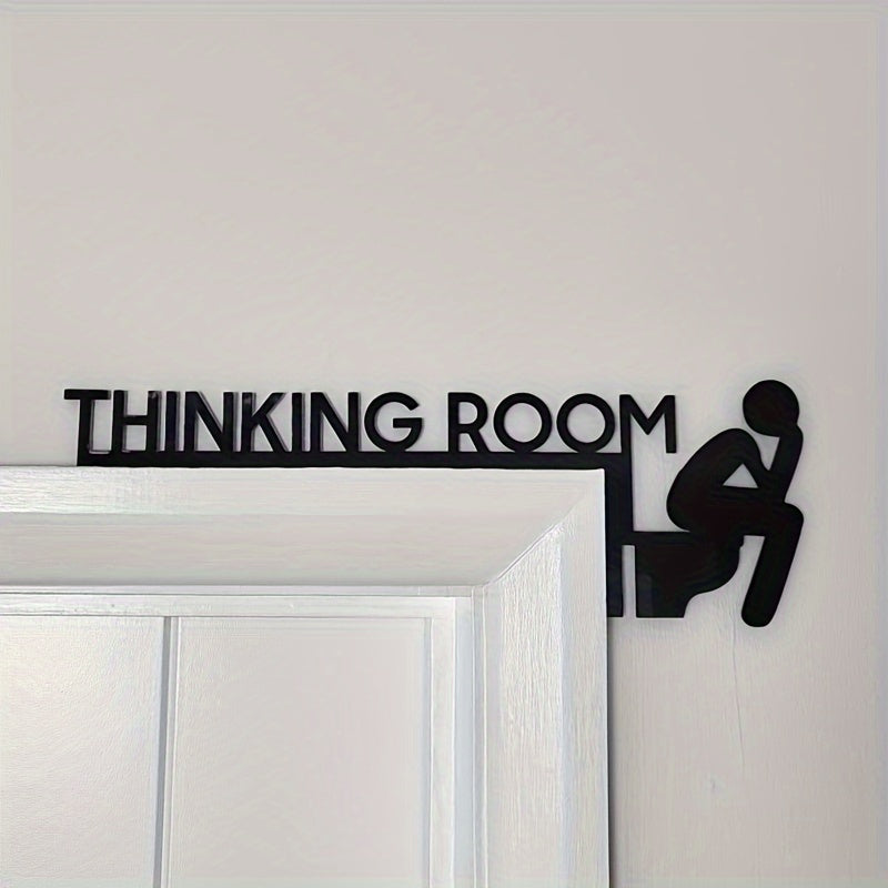 Black metal Thinking Room bathroom door sign with a seated figure