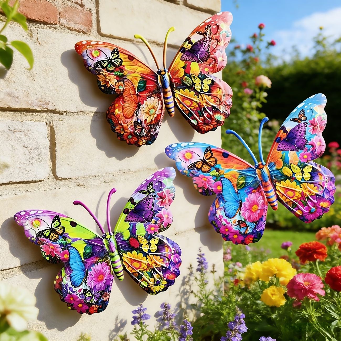 Set of colorful UV-printed butterfly wall decorations displayed beside a garden