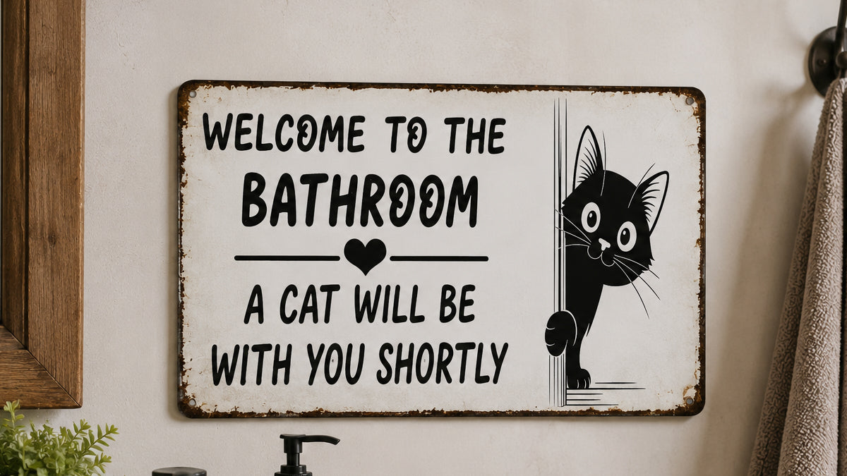 UV-printed metal bathroom sign with a black cat illustration and humorous text