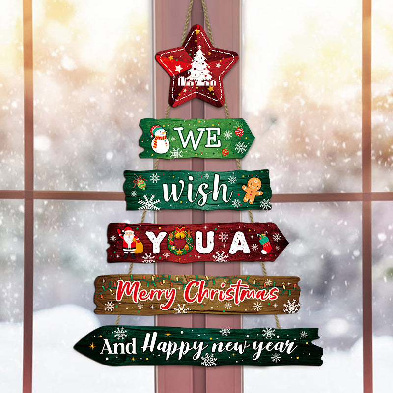 UV-printed wooden Christmas hanging sign with festive messages and holiday illustrations