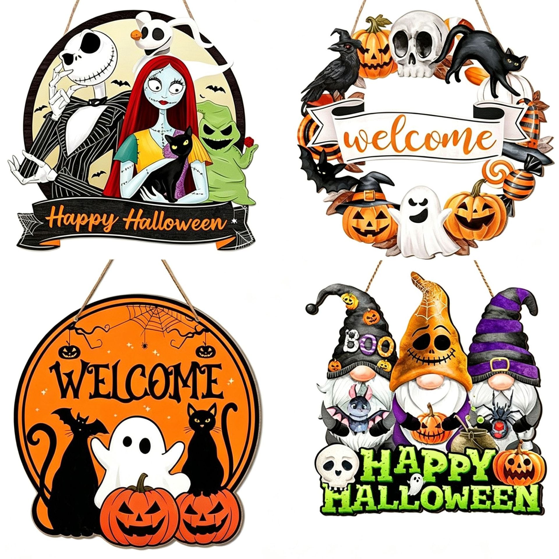 Collection of UV-printed Halloween hanging signs with pumpkins, ghosts, cats, and skeletons