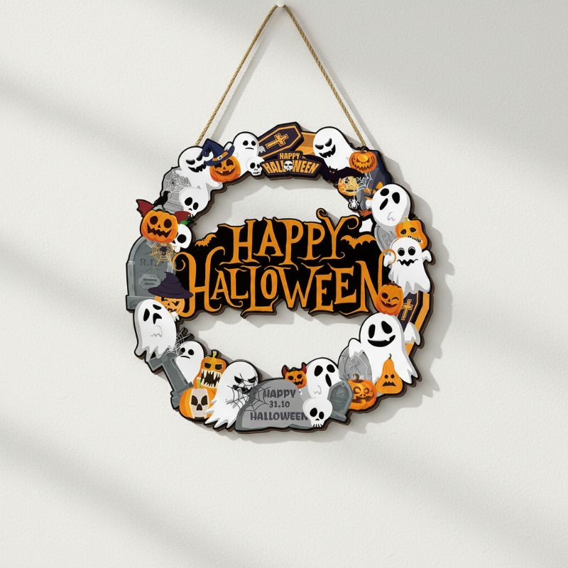 UV-printed Halloween wreath wall sign with ghosts, pumpkins, and tombstones