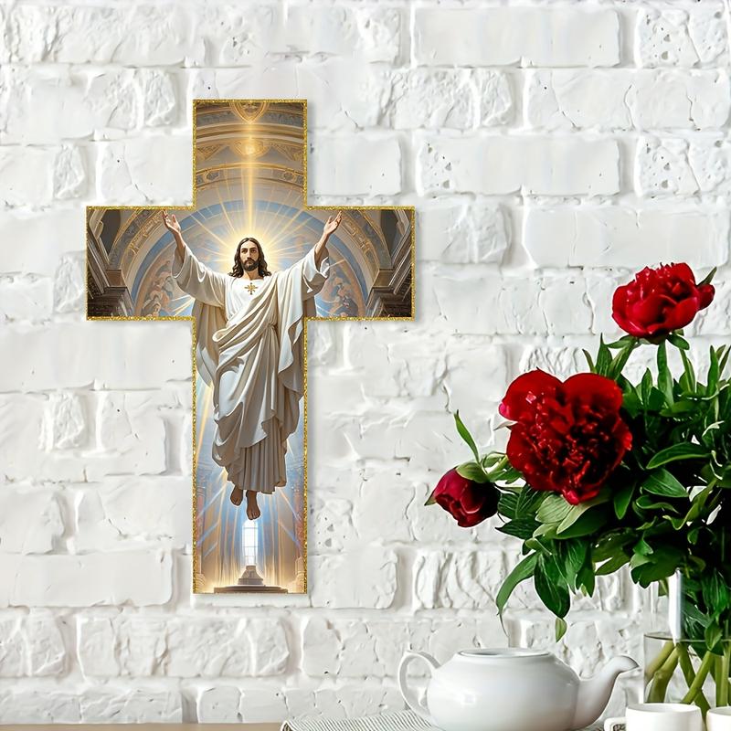 UV-printed cross wall decor showing Jesus with open arms inside a church