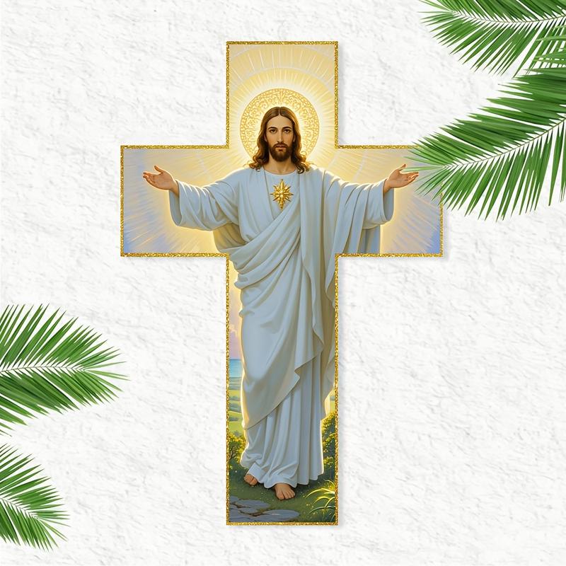 UV-printed cross wall decor featuring Jesus with open arms and a golden halo