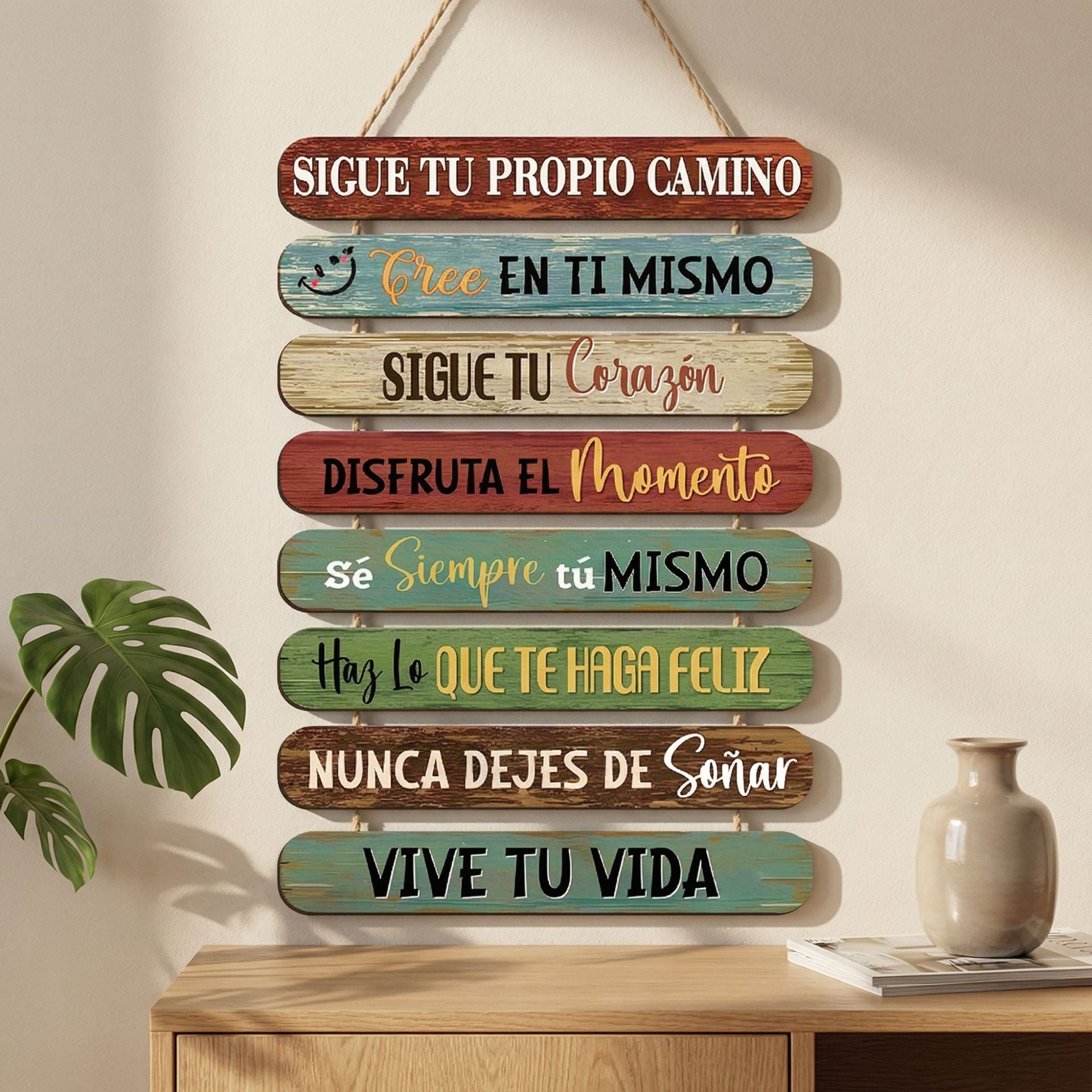 UV-printed wooden hanging sign with colorful Spanish inspirational quotes