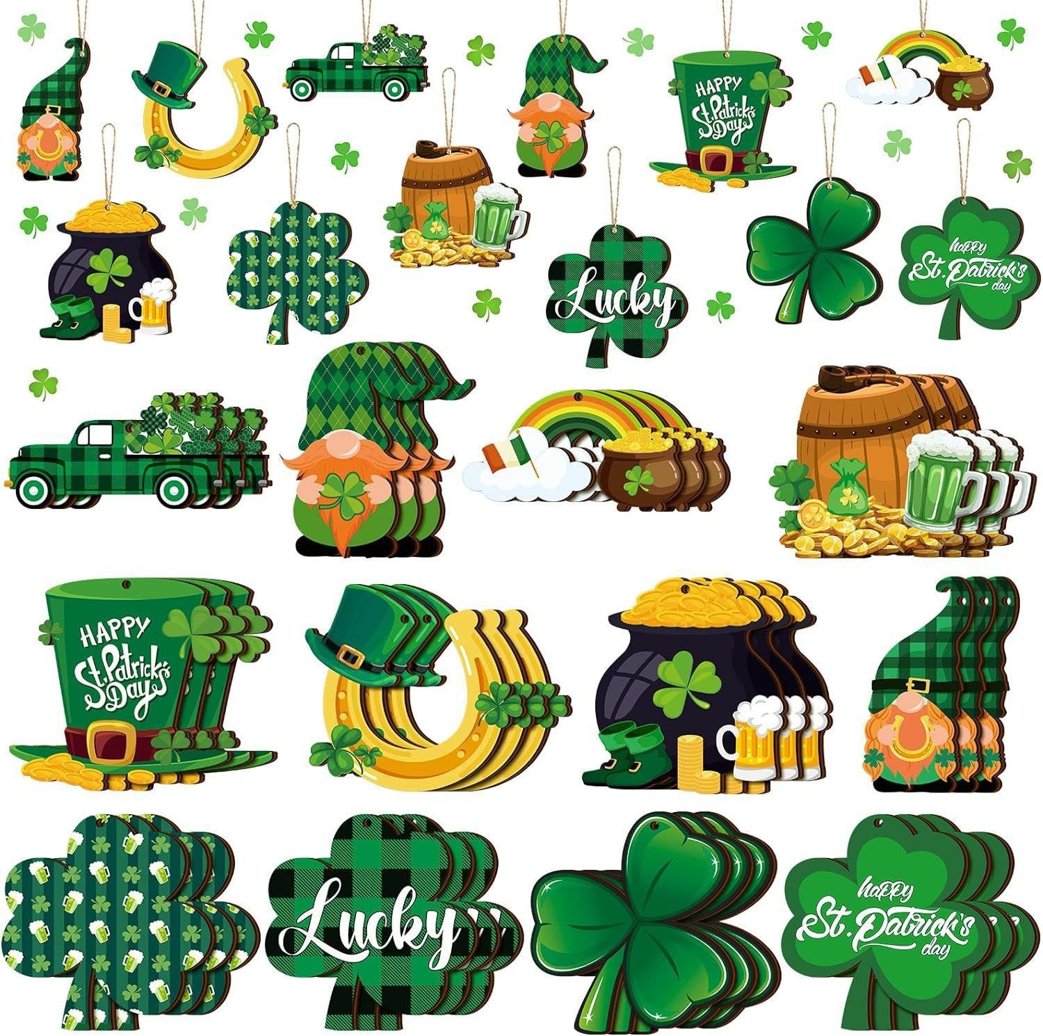 Collection of UV-printed St. Patrick's Day hanging decorations with shamrocks, gnomes, and lucky symbols