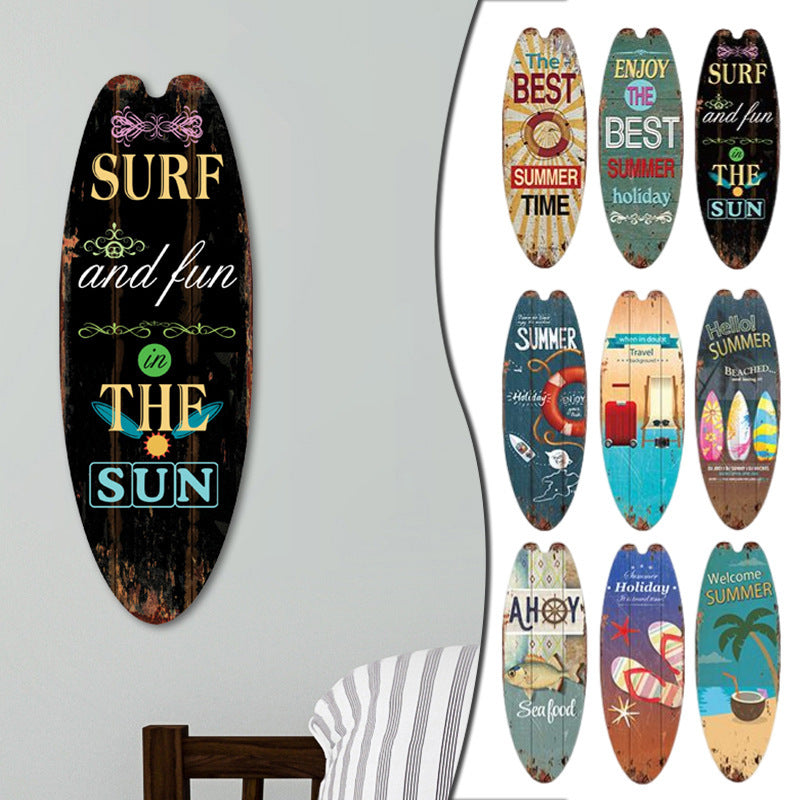 Collection of UV-printed surfboard-shaped wall signs with colorful summer designs