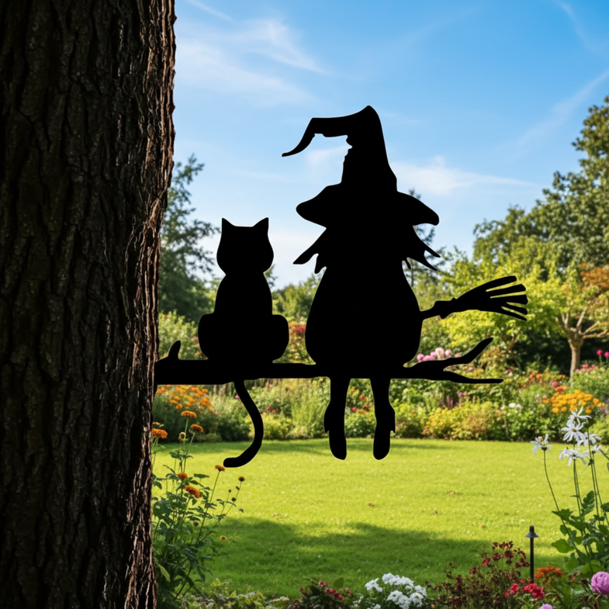 Black metal witch and cat tree decoration displayed in an outdoor garden